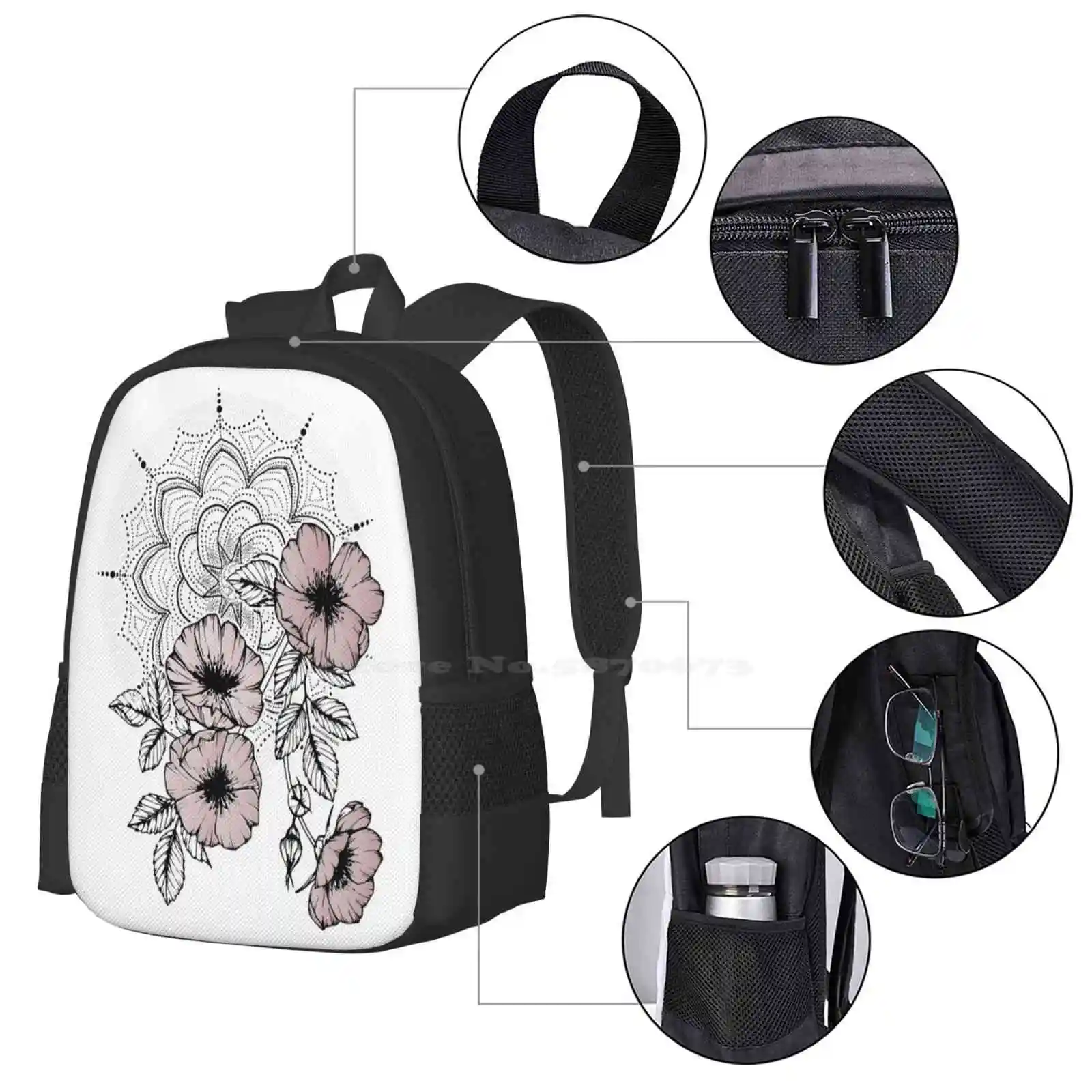 Rosedala Pattern Design Laptop Travel School Bags Pink Mandala Flowers