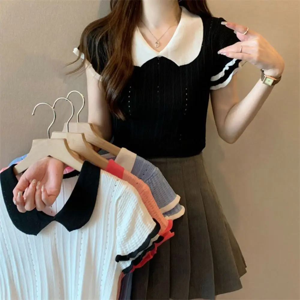Ruffled Edge Collar Knitted Vest Patchwork Hollow Knitted Slim Crop Tops Sweet Girl Style Short Short Sleeve T-shirt