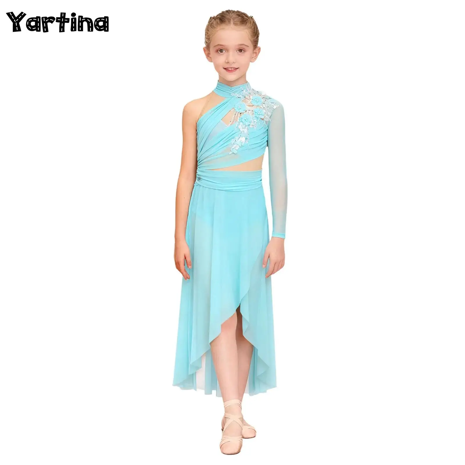 أطفال بنات الجمباز يوتار الباليه جيرسي فساتين الرقص الغنائية أداء زي سبليت غير النظامية هيم Ruched فستان شبكي #1