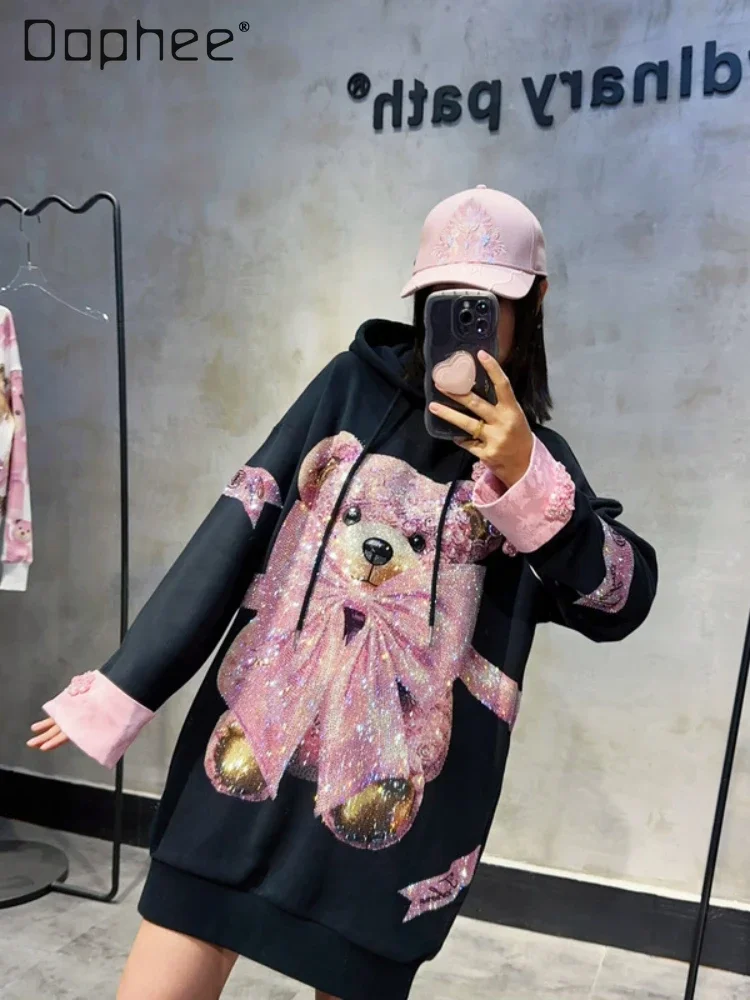 

High-luxury Hooded Heavy Industry Hot Diamond Mid Length Sweatshirts Women 2025 New Chinese Style Cartoon Bow Bear Dress Black