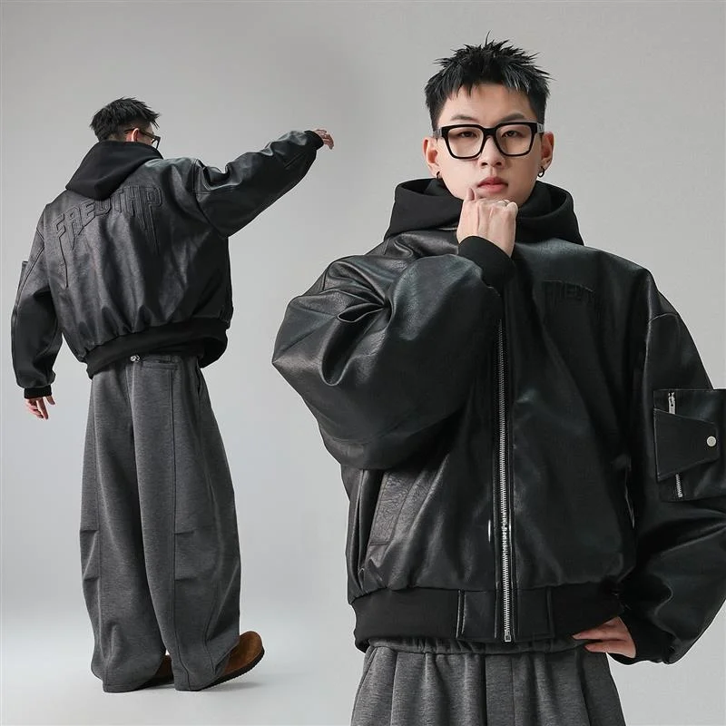 

Detachable Hooded PU Leather Men's down Jacket Winter Thickened Warm City Casual Style Zipper Closure Long Sleeve Jacket