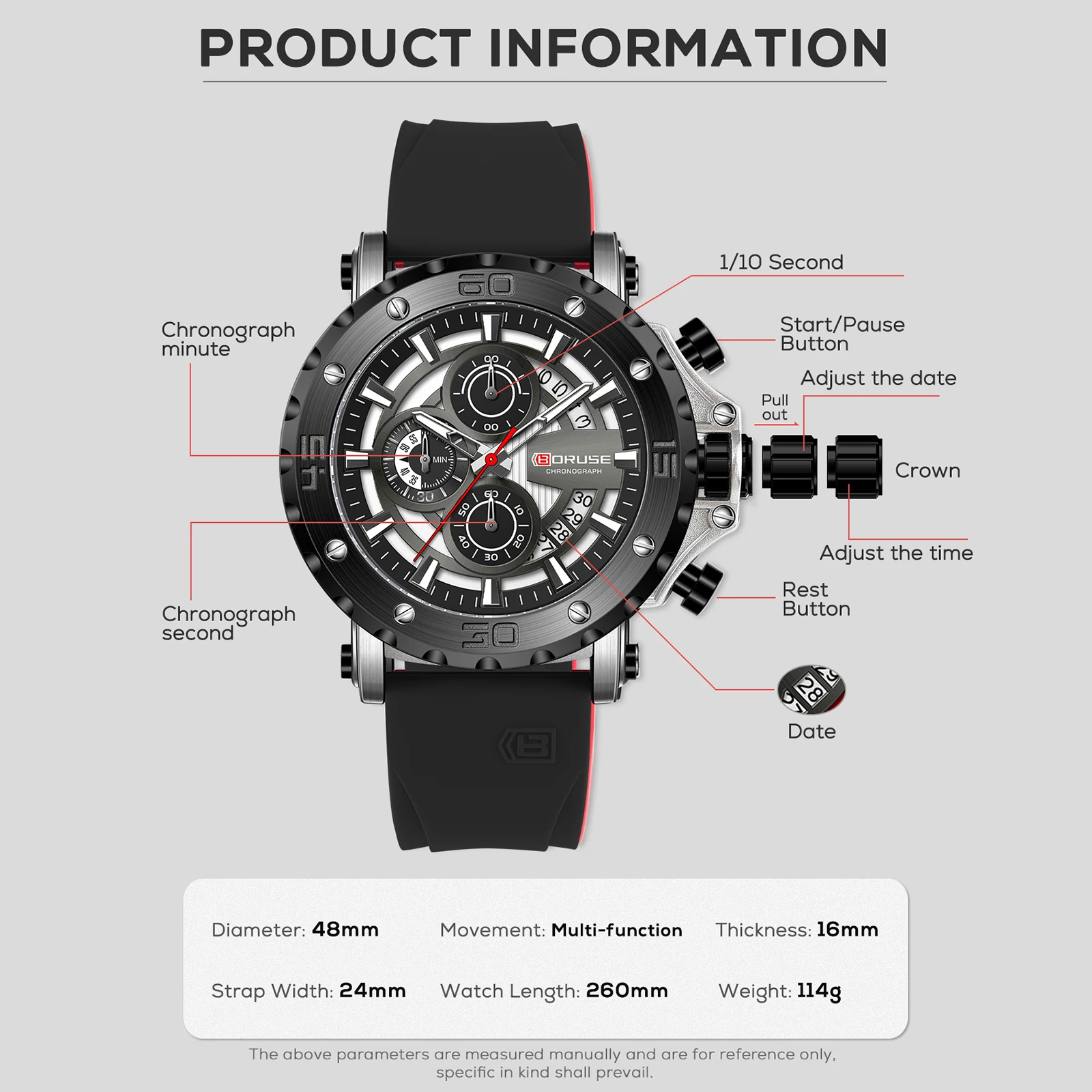 BORUSE Brand Luxury Men Quartz Wristwatch Luminous Watch for Mens Date Waterproof Military Sports Chronograph Watches