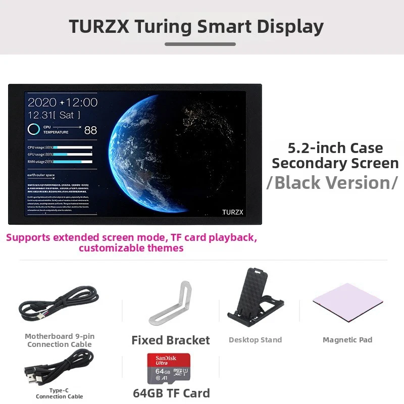 شاشة TURZX Turing الذكية مقاس 5.2 بوصة من النوع C USB المحمولة IPS شاشة مراقبة ثانوية لهيكل LCD بمنظور كامل