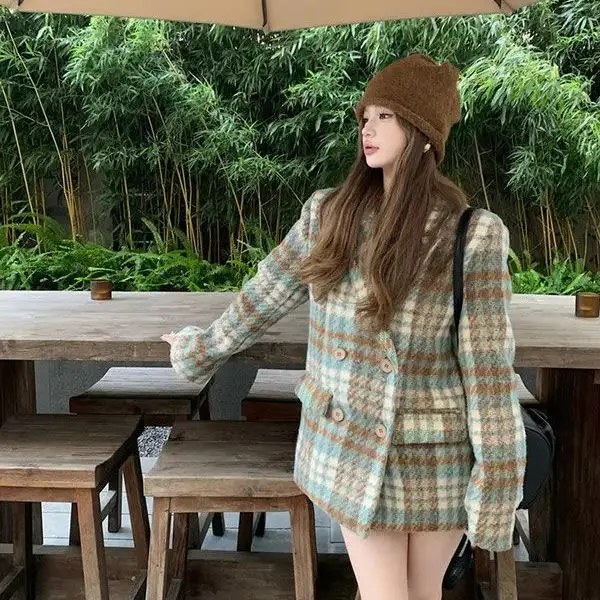 Korea Retro Plaid Quilted Mid-Length Suit Woolen Coat Women'S Autumn Winter New Loose Long-Sleeved Woolen Jacket