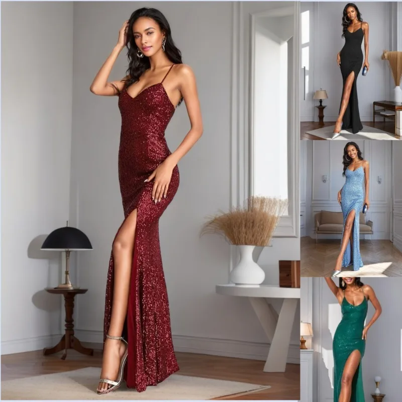 FL Women 2026 New Hot Selling European American Party Nightclub Evening Dress Slit Sequin Spaghetti Strap Dress Elegant Fashion