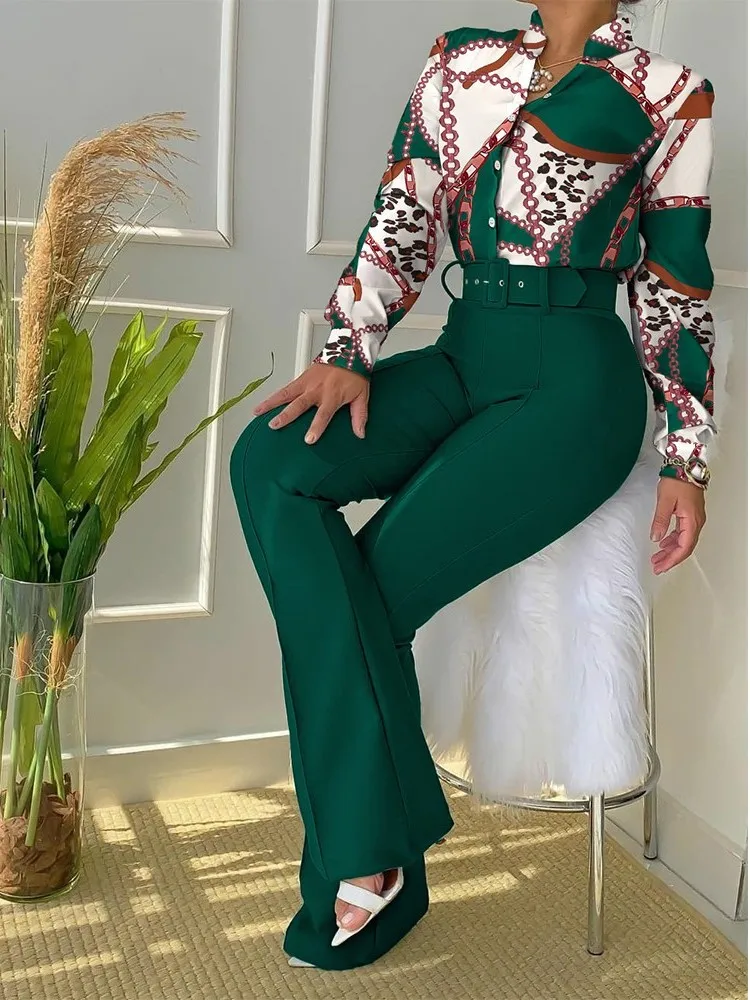 Casual Long Sleeve Shirt Pants Set Office Lady Fashion V Neck Floral Print Shirt Trousers Two Piece Set Women Outfit 2023