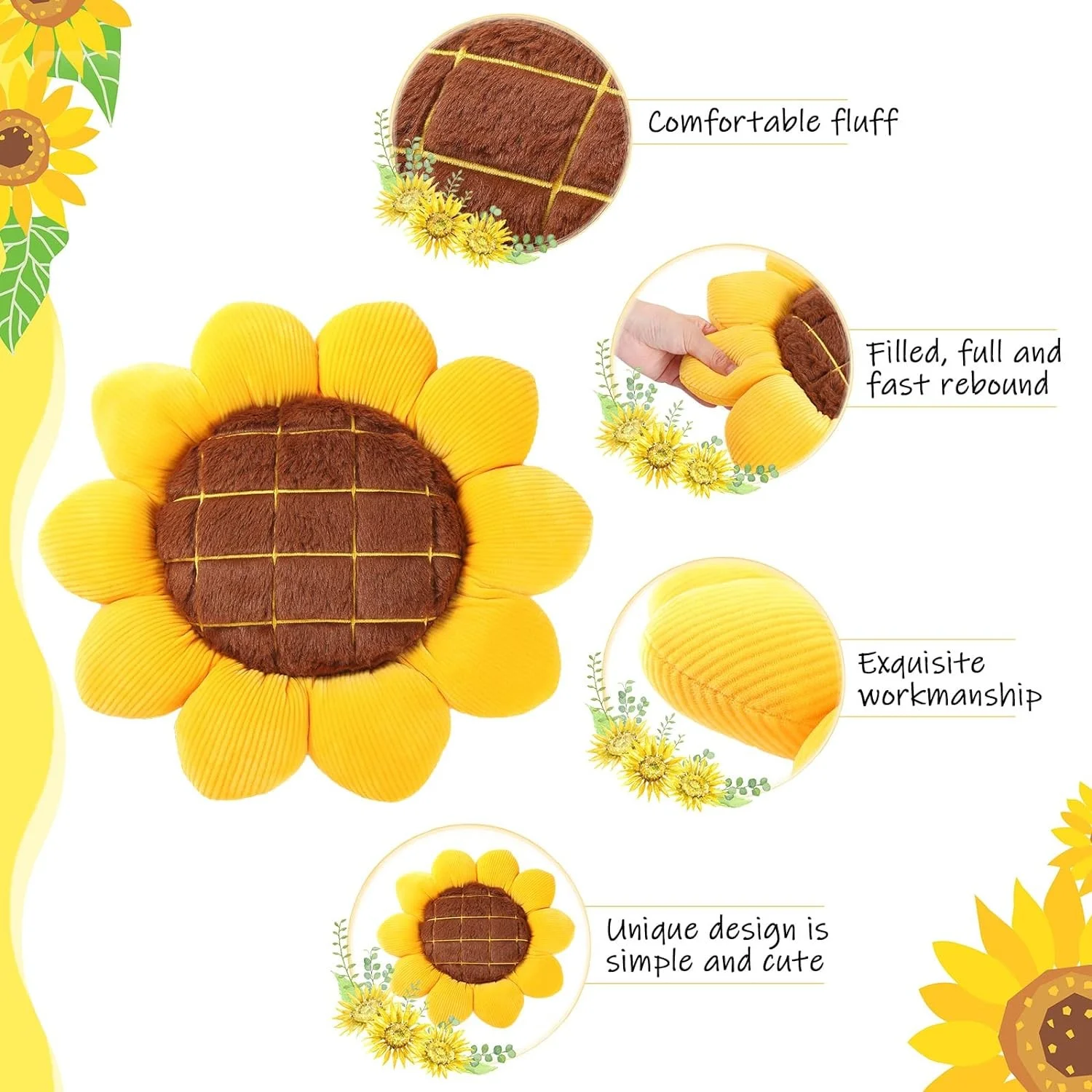 Sonnenblumen-Wurfkissen, blumenförmige Kissen, Bodenkissen, Sitzkissen, Sitzkissen, niedliche Raumdekoration und Plüschkissen für das Bett – Detail 8