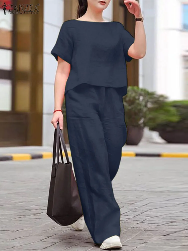 2024 ZANZEA Woman Casual Solid Suit Fashion Street Matching Sets Short Sleeve O-Neck Blouse Wide Leg Pants Vintage OL Outifits