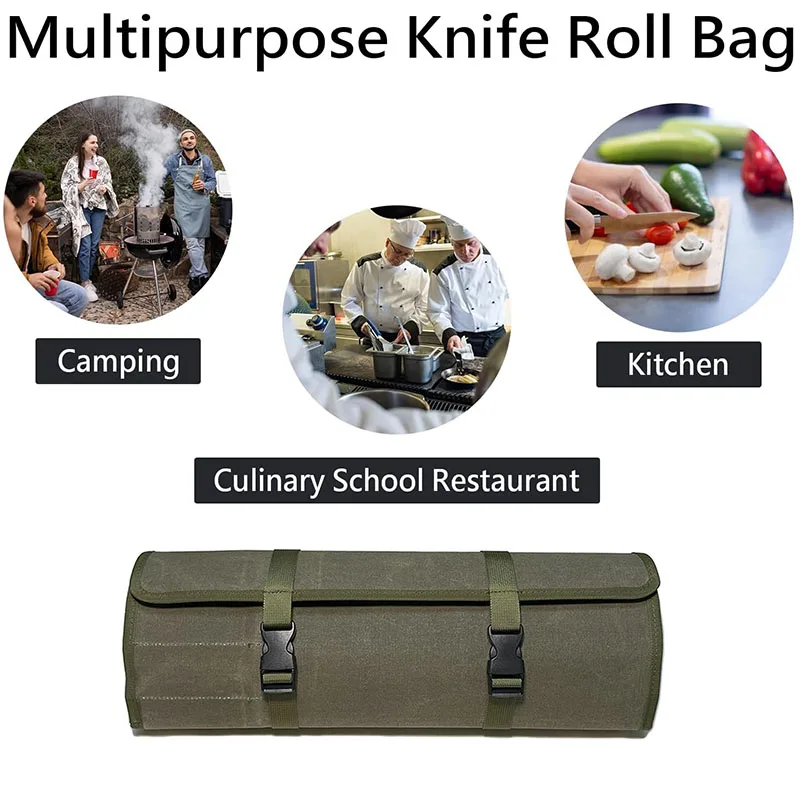 Knife Roll Bag Heavy Duty Convenient Storage Case Protection For Chefs Knives Stylish Military Green 10 Knife Slots Zipper Pocke