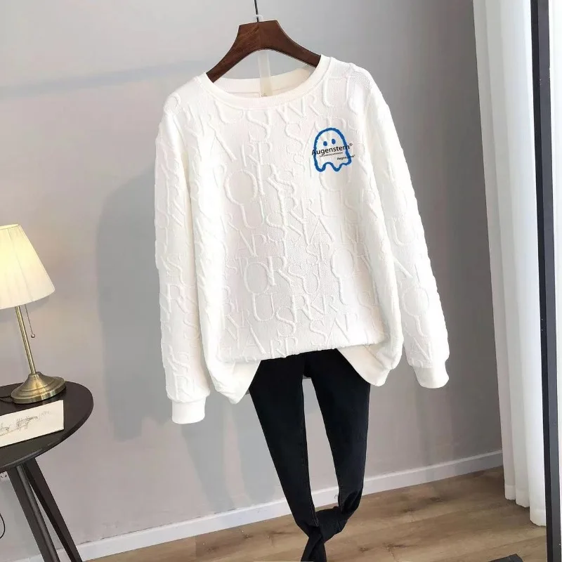 Spring Autumn Women's Pullover Round Neck Solid Cartoon Letter Printing Lantern Long Sleeve T-shirt Hoodies Casual Loose Tops