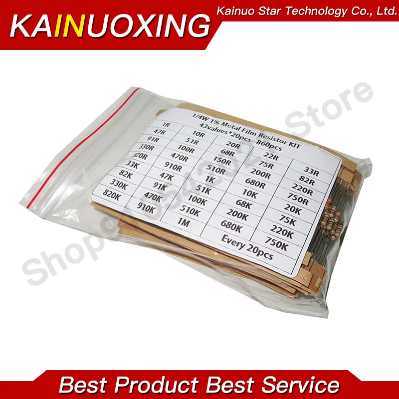 

860 шт. 1/4 Вт комплект углеродных пленочных резисторов 5% набор сопротивления 43 значенияX20 шт. 1R - 1 м Ом 0,25 Вт образец упаковки