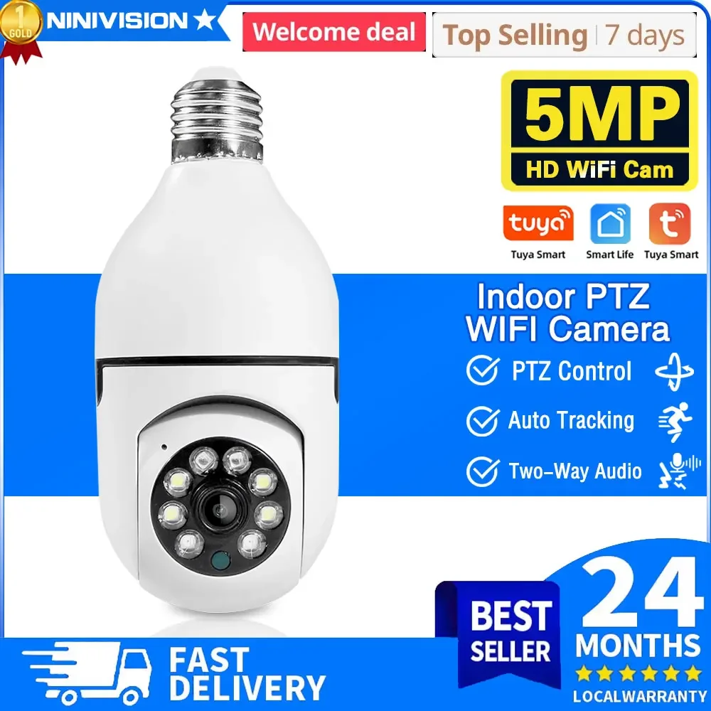 

5MP Tuya Wifi E27 Bulb Smart Home Surveillance Protection IP Camera Color NightVision Auto Track Video Security Pet Baby Monitor