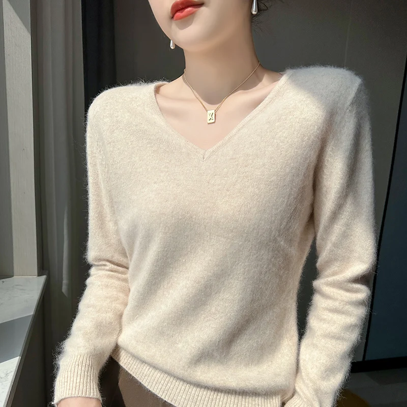 Autumn Winter New 100% Cashmere Sweater Women\'s Clothing V-Neck Knitted Pullover Tops Solid Color Long sleeved Women\'s sweater