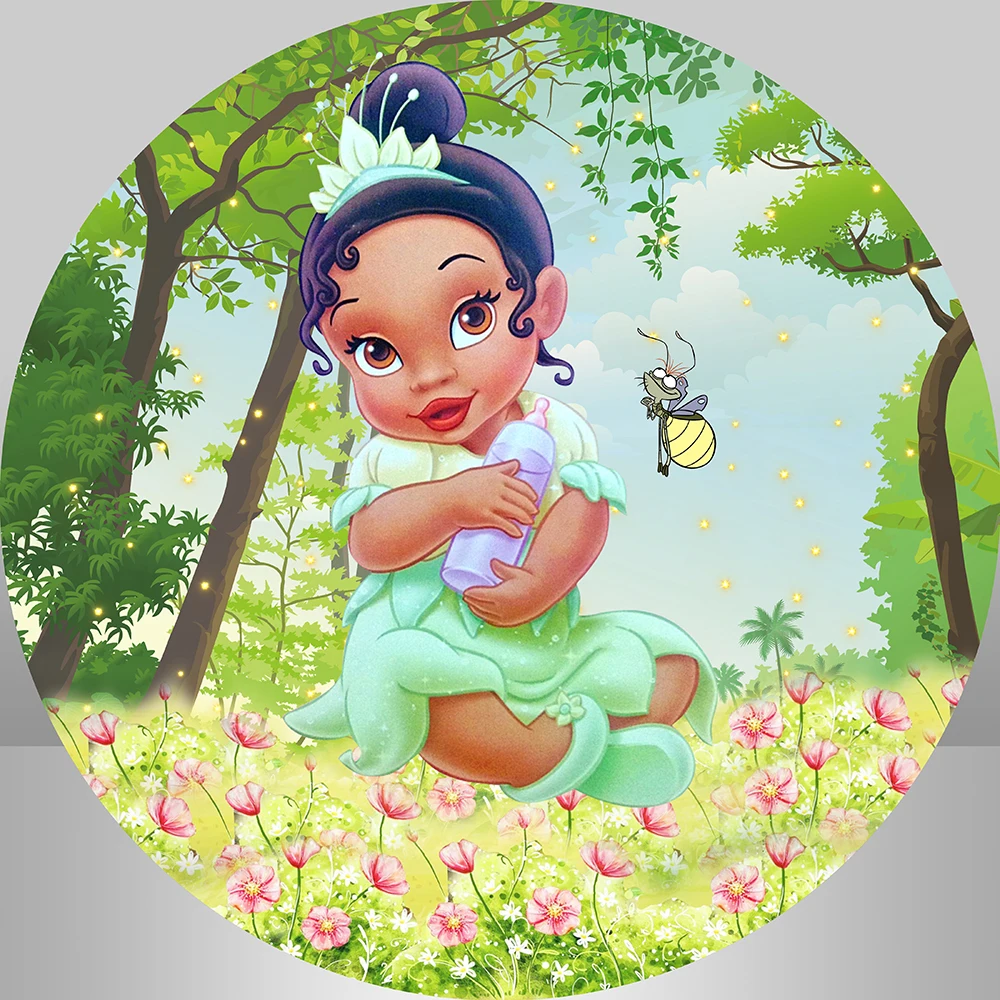 Baby Princess and The Frog Round Backdrop Tiana Party Supplies Photo Background Baby Shower Girl Birthday Cake Table Banner