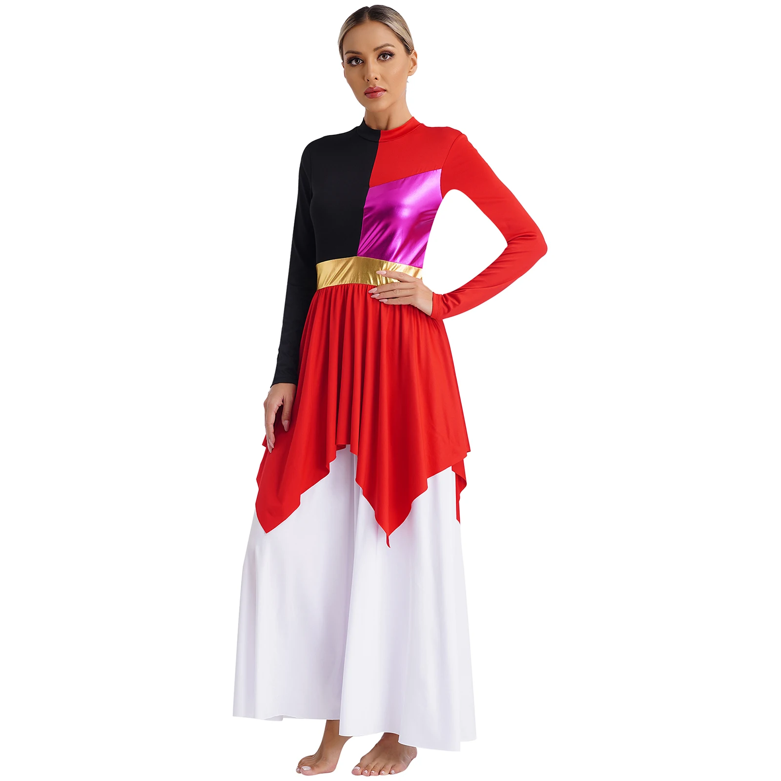 Damen Anbetung Liturgisches Kostüm Metallic Patchwork Langarm Maxikleid Chor Performance Dancewear Lyrische Tanzkleider