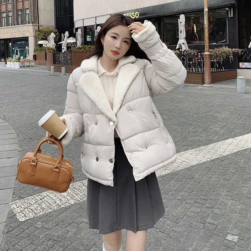 Fashion down cotton jacket Women's short loose fitting imitation lamb hair suit collar splicing down women's winter jacket 2023