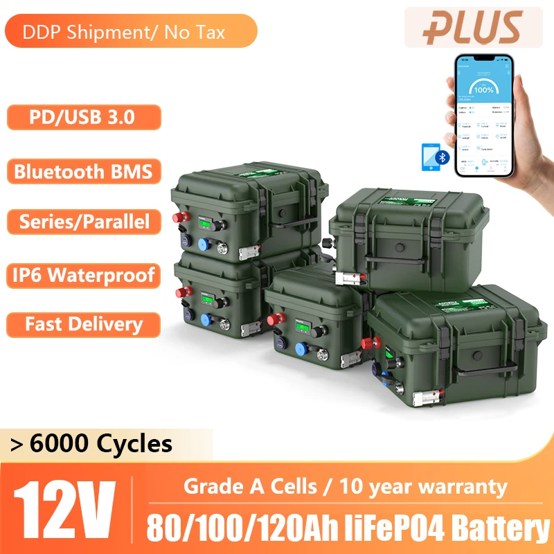 

LiFePO4 12V 100Ah Battery Bluetooth BMS 12.8V 120Ah 6000+Cycles Waterproof IP65 USB 3.0 Grade A Cell For RV Fishing Boat No Tax