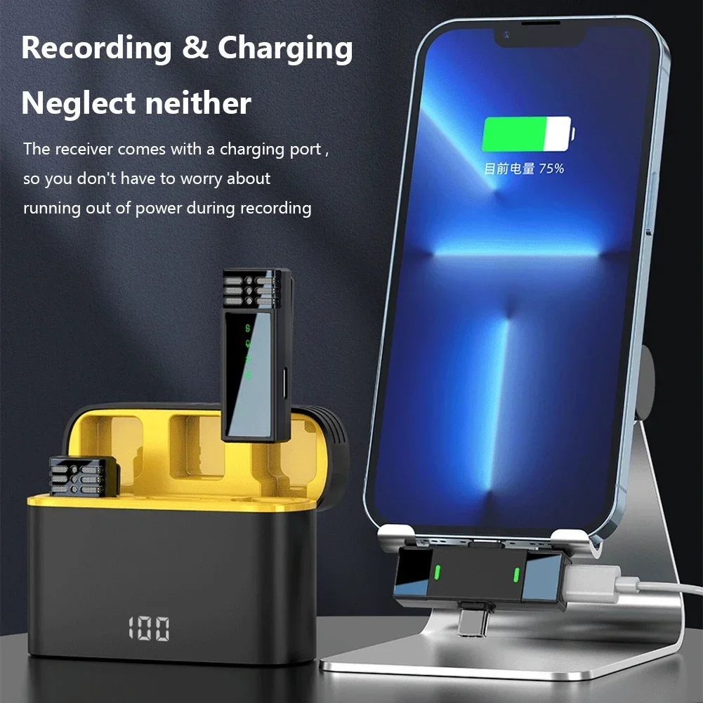 Powerwin 2.4G نظام ميكروفون لاسلكي Lavalier مع علبة شحن لهاتف iPhone Android Mini Clip Lapel Live Stream