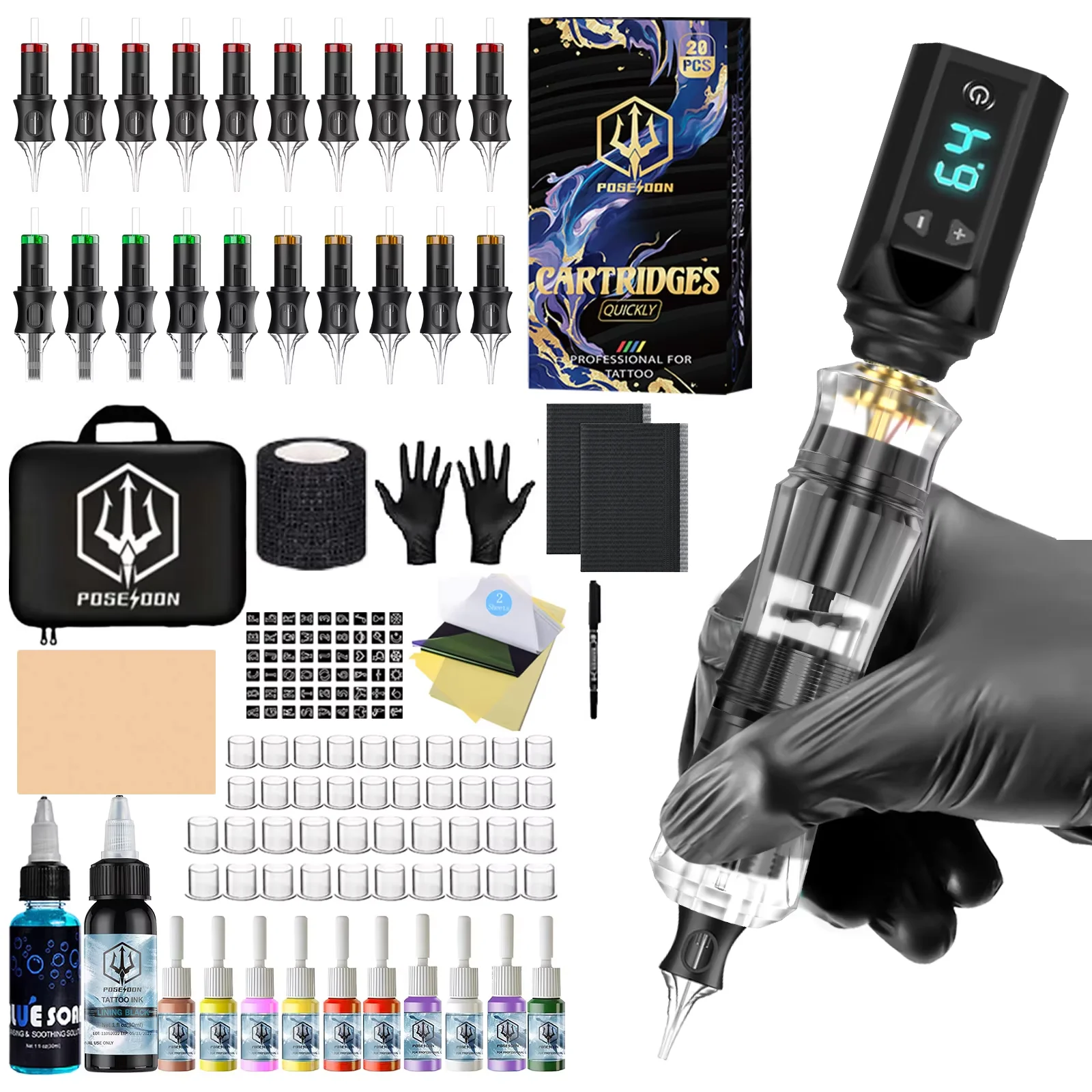 Tattoo-Set POSEIDON V5 Neues Tattoo-Pen-Set für Permanent-Make-up-Tattoo-Maschinen-Set Transparentes Tattoo-Netzteil Tattoo-Set