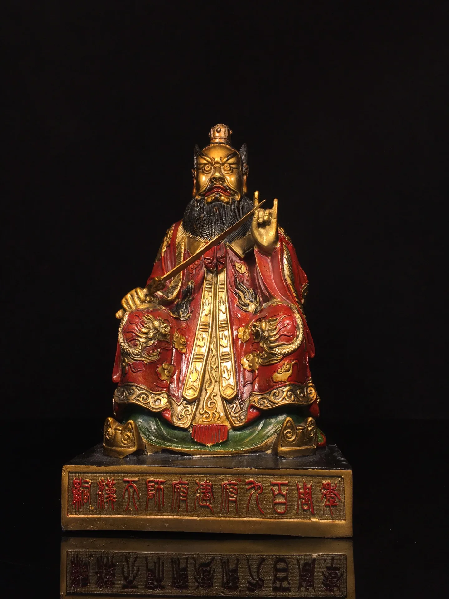 Colección del Templo Tibetano: Antiguo bronce pintado con cinabrio de Zhang Daoling, Maestro Celestial y Fundador del Taoísmo, para el Salón de Culto y la Casa del Dios del Hogar.