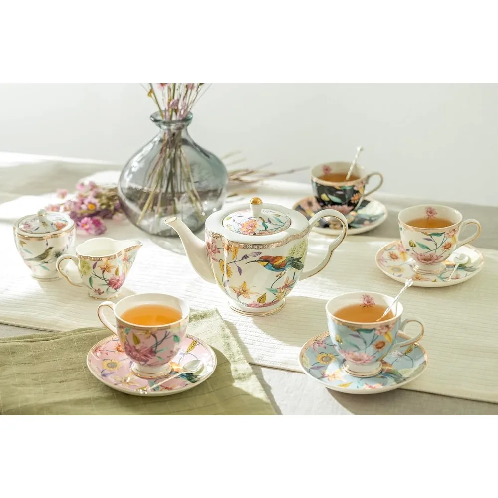 Teaware Spring Flowers with Hummingbird Assorted Cups Fine Porcelain 11-Piece Tea Set, Regular