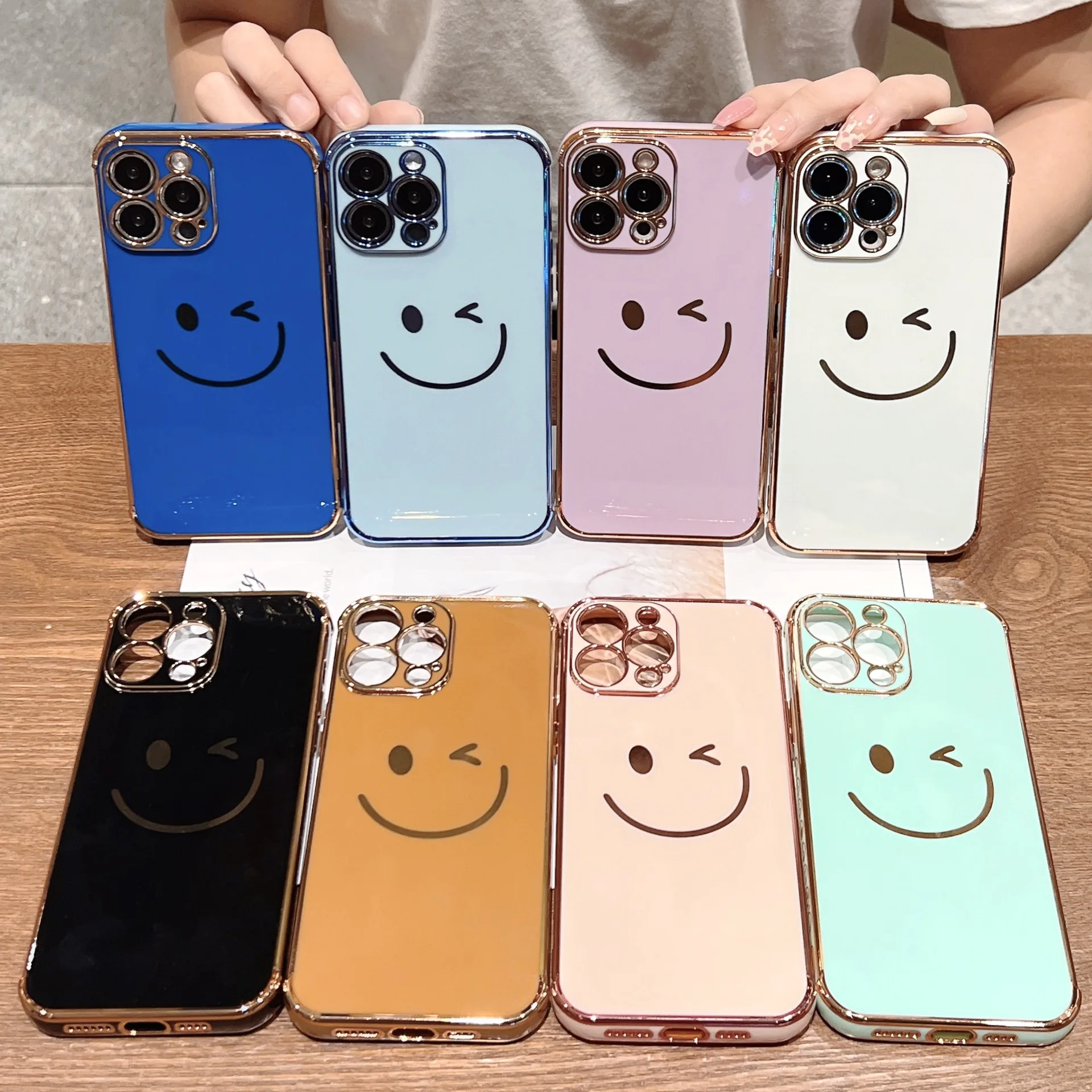 

48PCS Ultra-thin Silicone Phone Cover, Smile Gold Plating, Luxury Electroplated Case, For iPhone 15, 14, 13, 11, 12 Pro Max