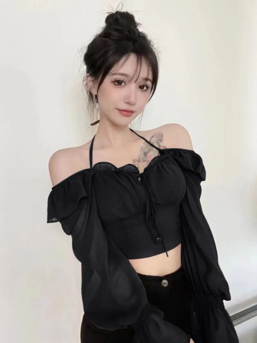 Unique Chic oulder Bared ort irt Women's Korean Sle Commute Faion Long Sve Regular Length Pure Color Top