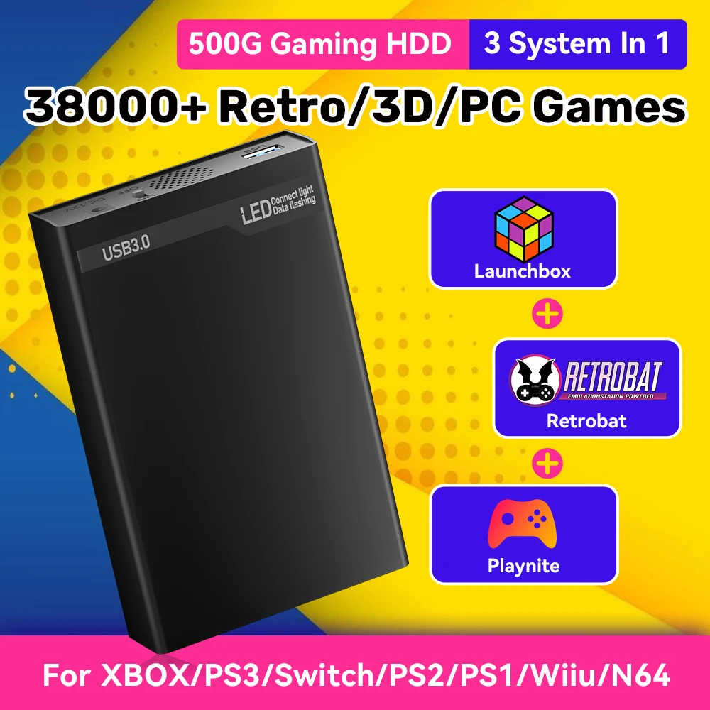 محرك الأقراص الصلبة المحمول Mix500G لـ N64/PS3/PS2/Switch/PS1/Xbox/DC محرك الأقراص الصلبة للألعاب الخارجية مع 38293 ألعاب ريترو لـ Win PC/الكمبيوتر المحمول
