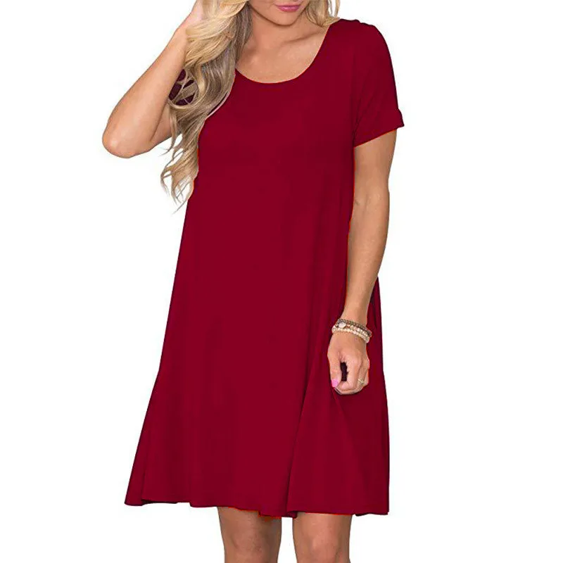 

Short Sleeve Casual Women Mini Dresses Summer Round-Neck Loose Beach Style Oversized A-Line Dress Solid Color Ladies Short Dress