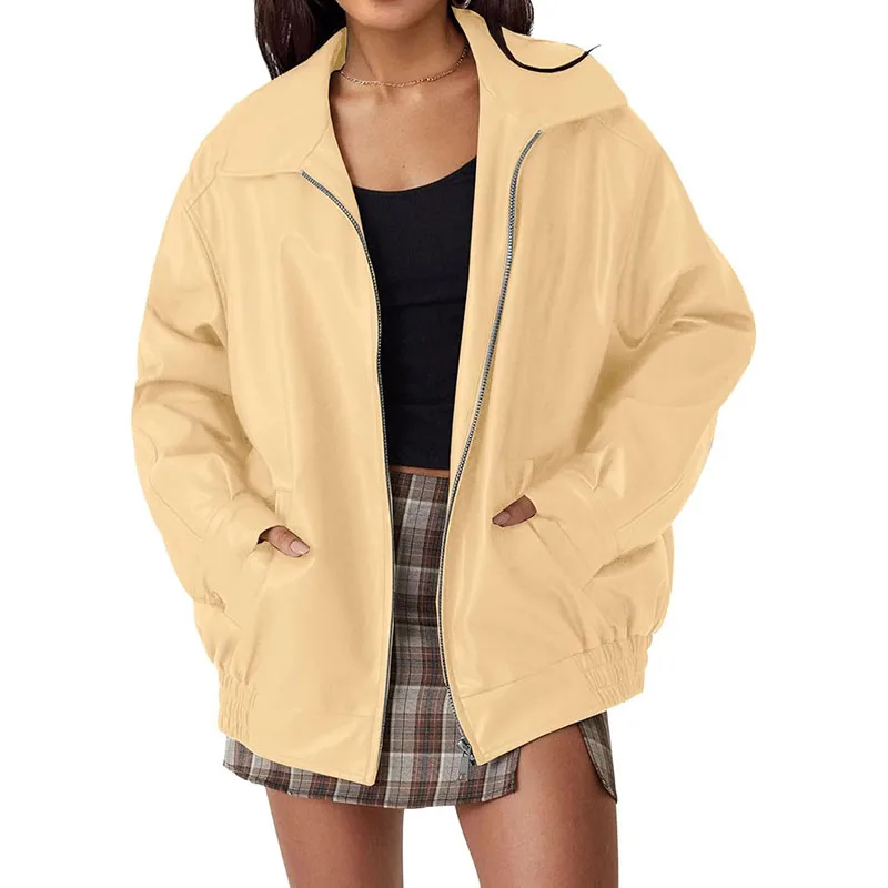 Autumn Winter New Streetwear Fashion Motorcycle Leather Jacket For Women Loose Lapel Solid Color Zipper Cardigans Pockets Coats