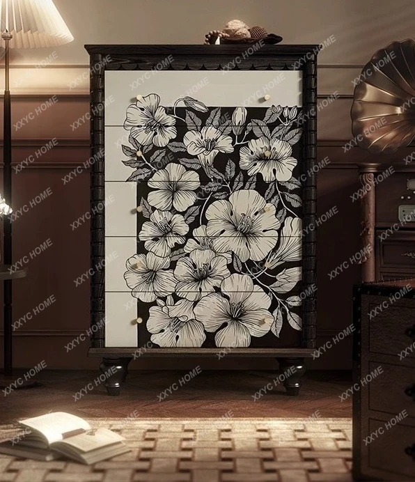 A Five-bucket chest of drawers living room entrance black and white flower decoration cabinet