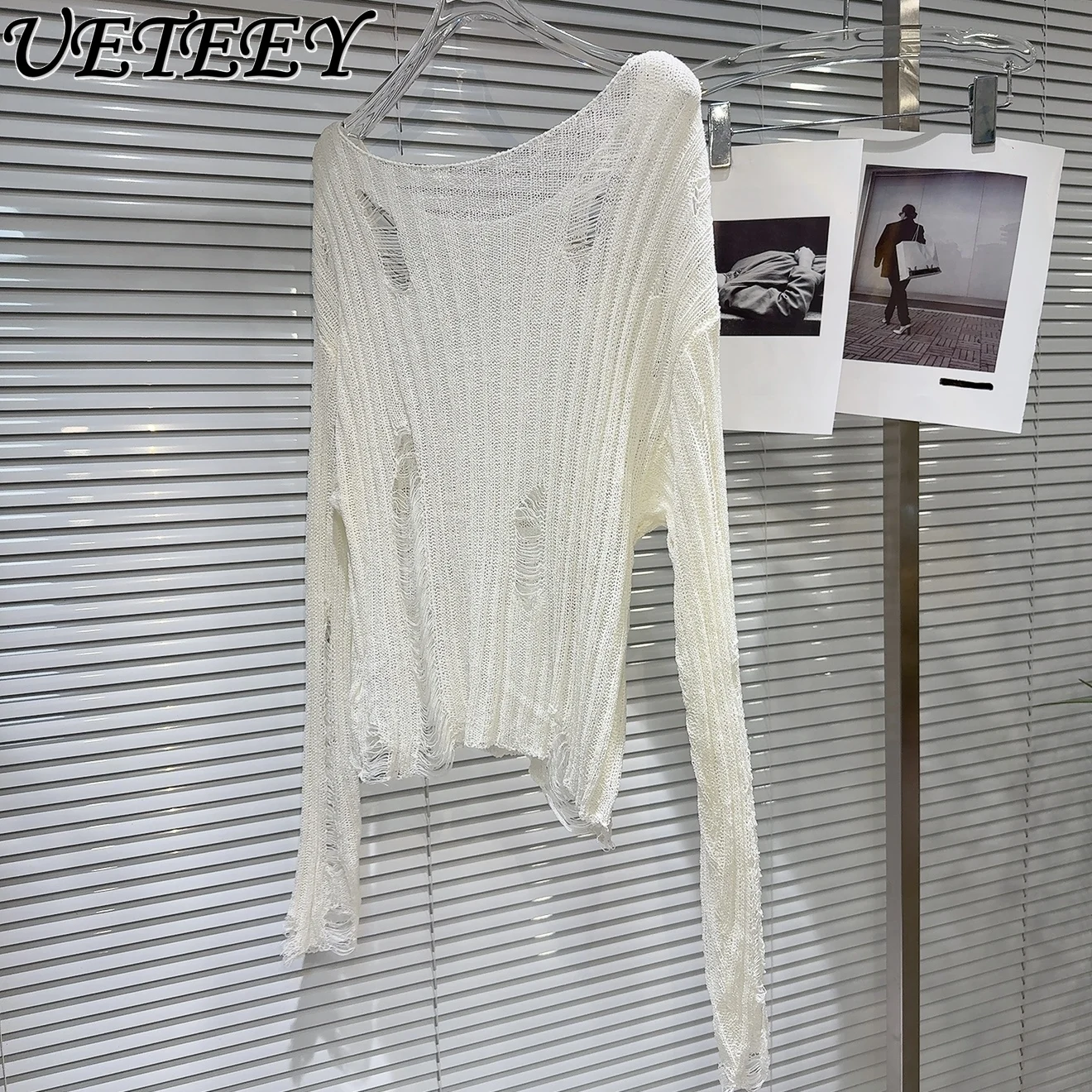 2025 Summer New Sweet Cool Babes Long-sleeved Solid Color Pullover Metal Pin Design Hollow Sunscreen Knitted Sweater for Women