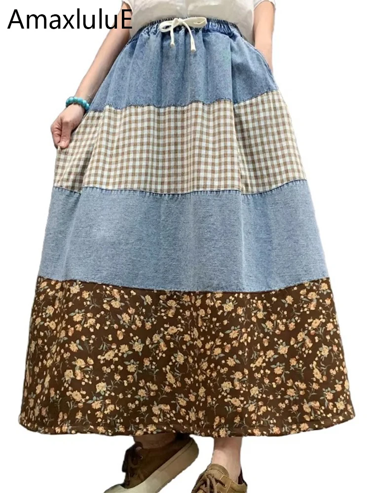 Amax luluE Spring Fashion A-line Clothes Women Luxury Casual Denim Printed Plaid Skirts Ladies Classic Vintage Floral Streetwear