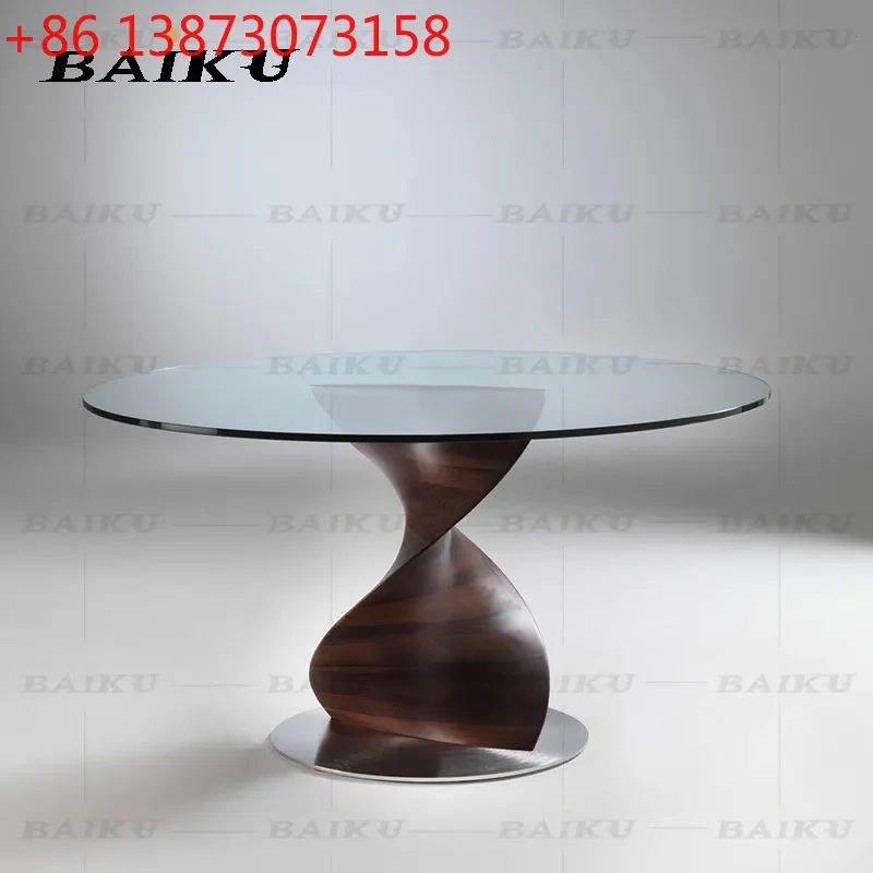 Designer FRP imitation wood grain household living room spiral glass round table
