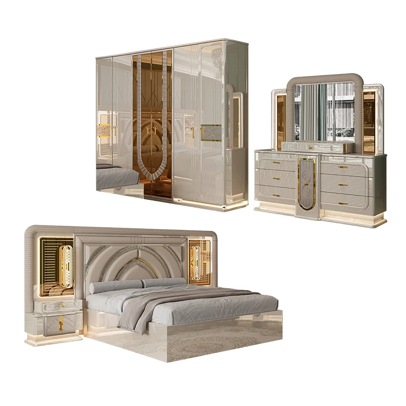 Complete Royal Modern Design Leather King Size Bed Sets Double Queen Italian Luxury Home Wooden Full Mdf Bedroom Furniture Set