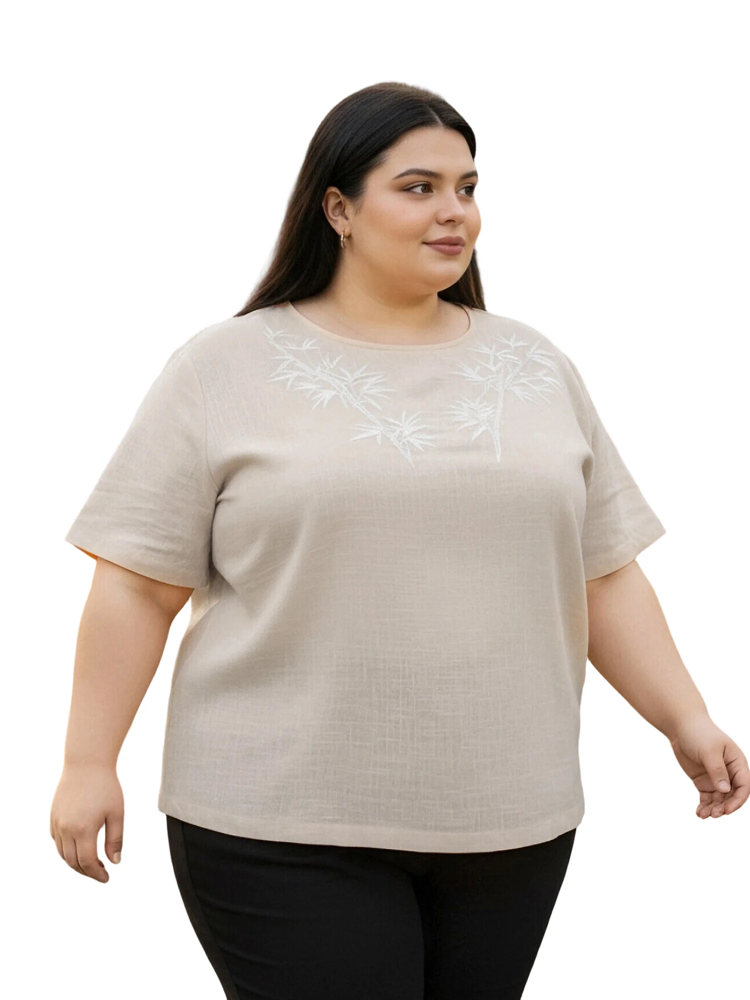 

Women Summer Basic T-Shirt Casual Leaf Embroidery Plus Size Short Sleeves Tops for Streetwear Aesthetic Clothes