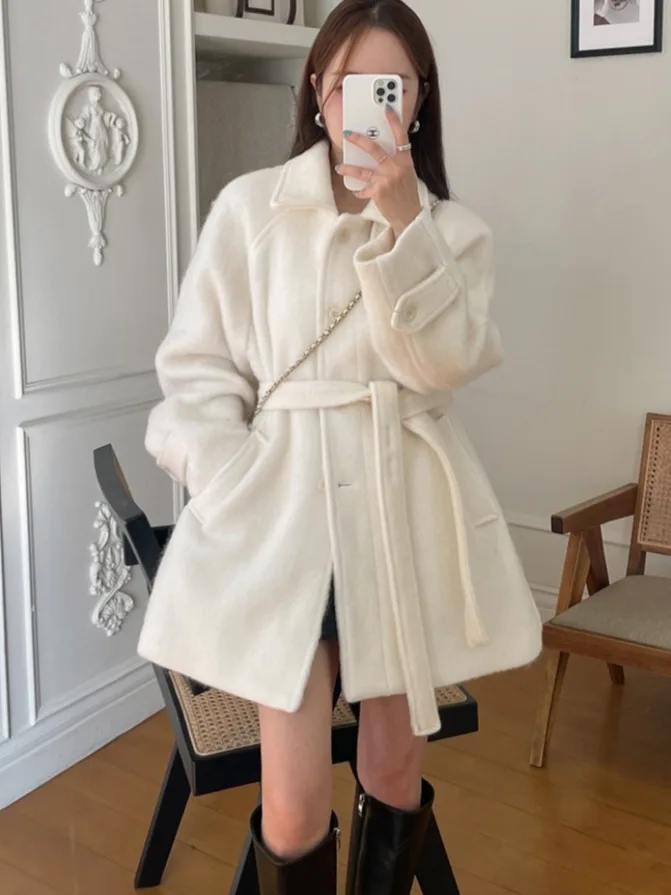 

Корейское шерстяное пальто Sle Ele Thiened для женщин: элегантное, премиальное, с особым воротником, для повседневной носки, свободного кроя, длинное