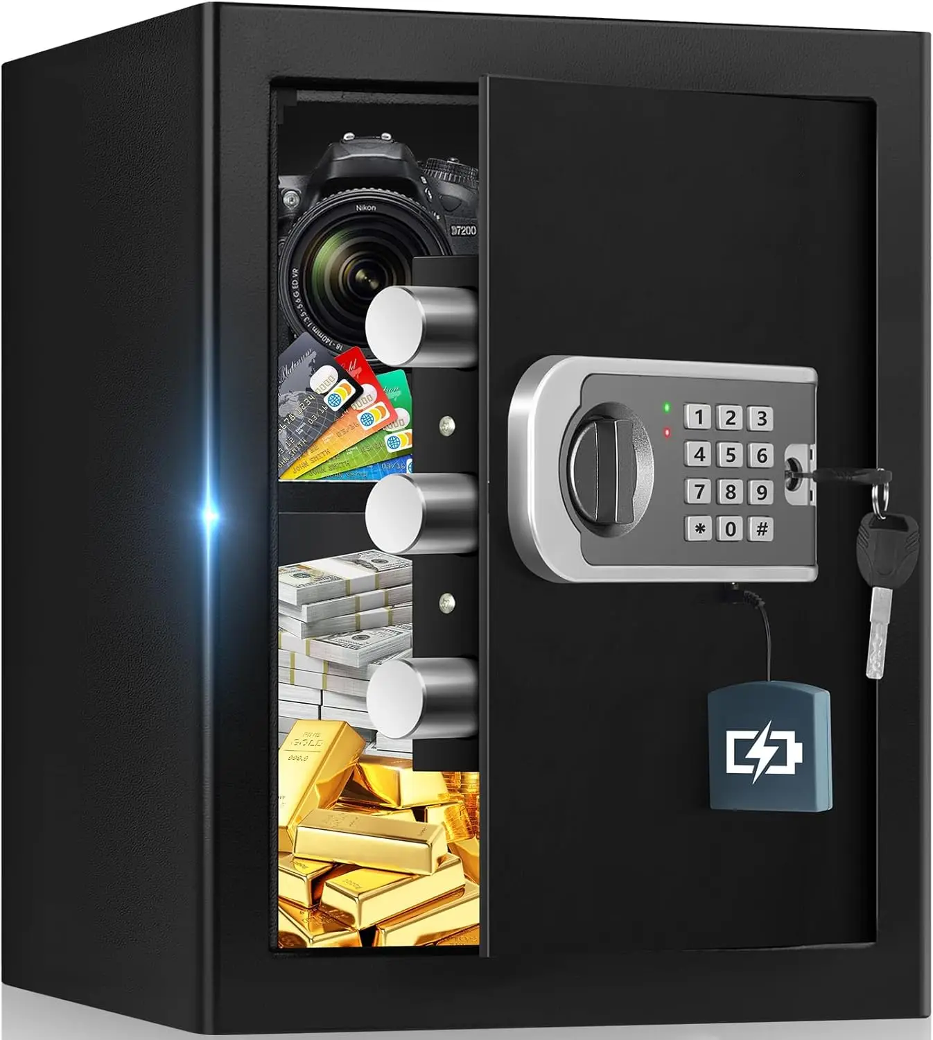 

Огнестойкий и водонепроницаемый домашний сейф 14,17 дюймов с цифровой клавиатурой, сигнализацией и съемными полками для ценных вещей