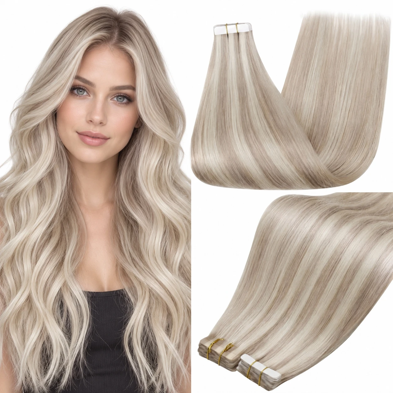 Full Shine Tape on Hair Extensions Skin Weft 100% Real Straight Human Hair Doubled Sided Tape