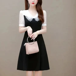 High Rise Dress for Women in Summer 2024 Fashionable and Versatile Retro Patchwork Solid Color Black Dress for Women in Summer