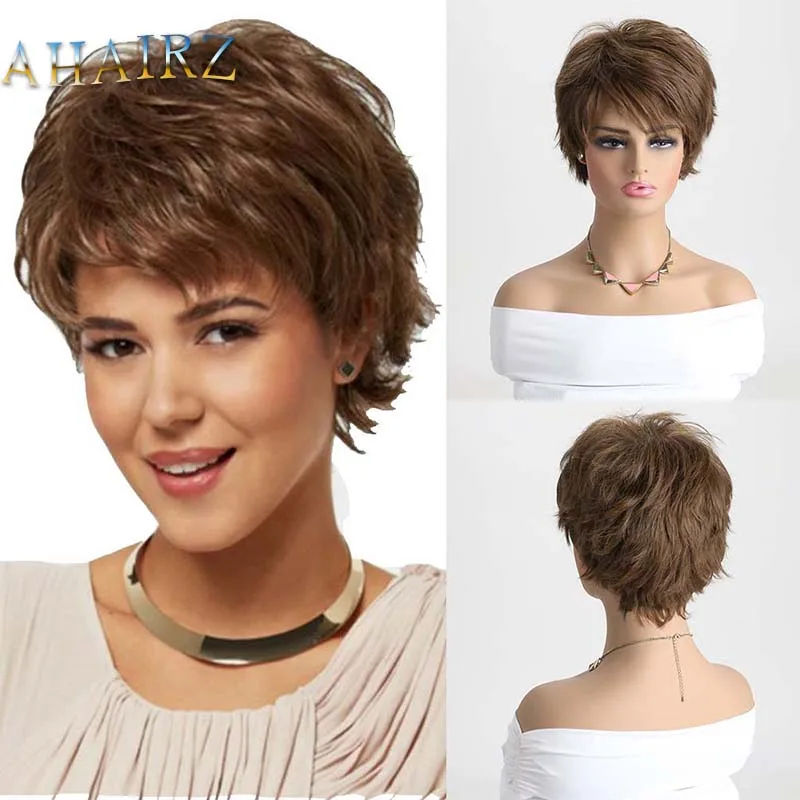 

Women‘s Fashion Short Wigs with Bangs Pixie Cut Soft Straight Wigs Synthetic Brown Hair Wig Daily Party Wig for Women