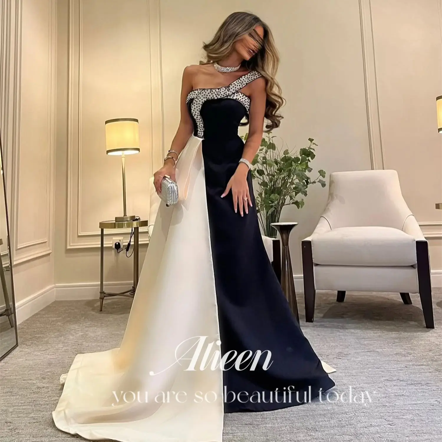 Aileen فساتين سهرة for Special Occasions Black White Dress Customized Elegant Evening Dress Woman Satin Stone Prom Dresses 2025