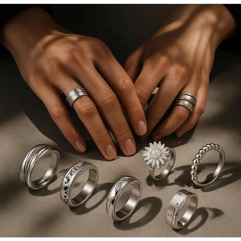 

Набор из 8 вращающихся колец-спиннеров из нержавеющей стали с фианитами для женщин