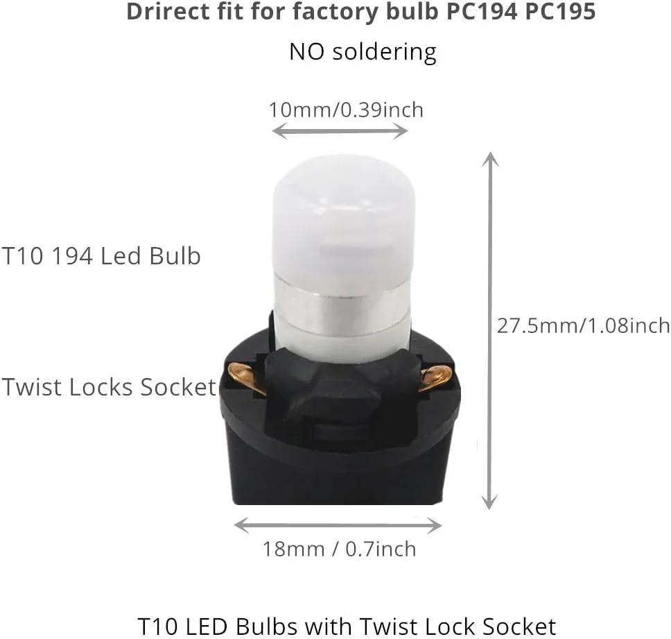 194 T10 W5W Led Bulb Light PC195 PC194 PC168 Twist Socket Gauge Instrument Cluster Dashboard Bulbs Dash Lights  12V  Pack of 6