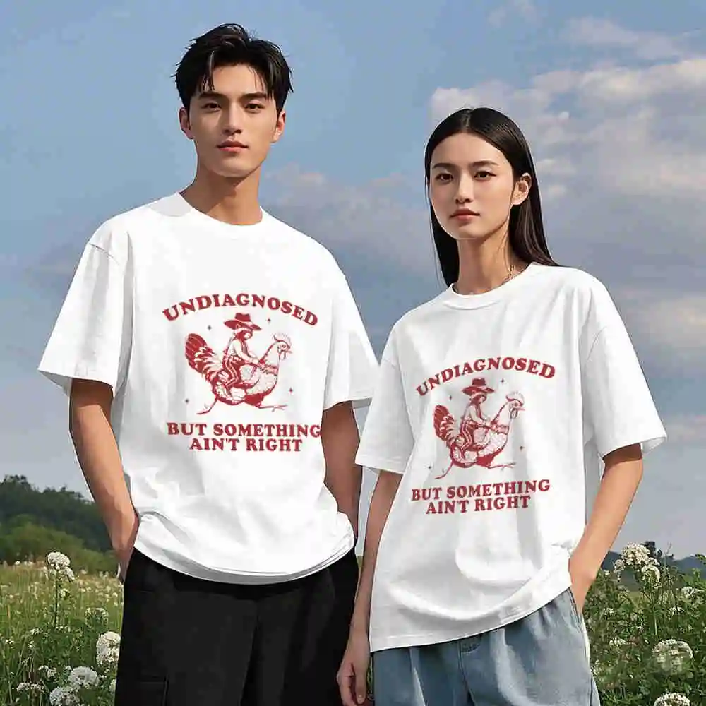 Retro Chicken And Western Comedy Red Rooster Undiagnosed But Something Feels Off Short Sleeve Tee 100% Cotton T-Shirt view 3