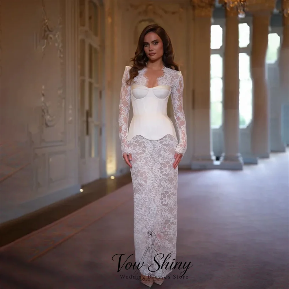 Vow Shiny Classic V Neck Long Lace Sleeve Wedding Dresses For Woman Mermaid Satin Bodice Back Slit Bridal Gown Customized
