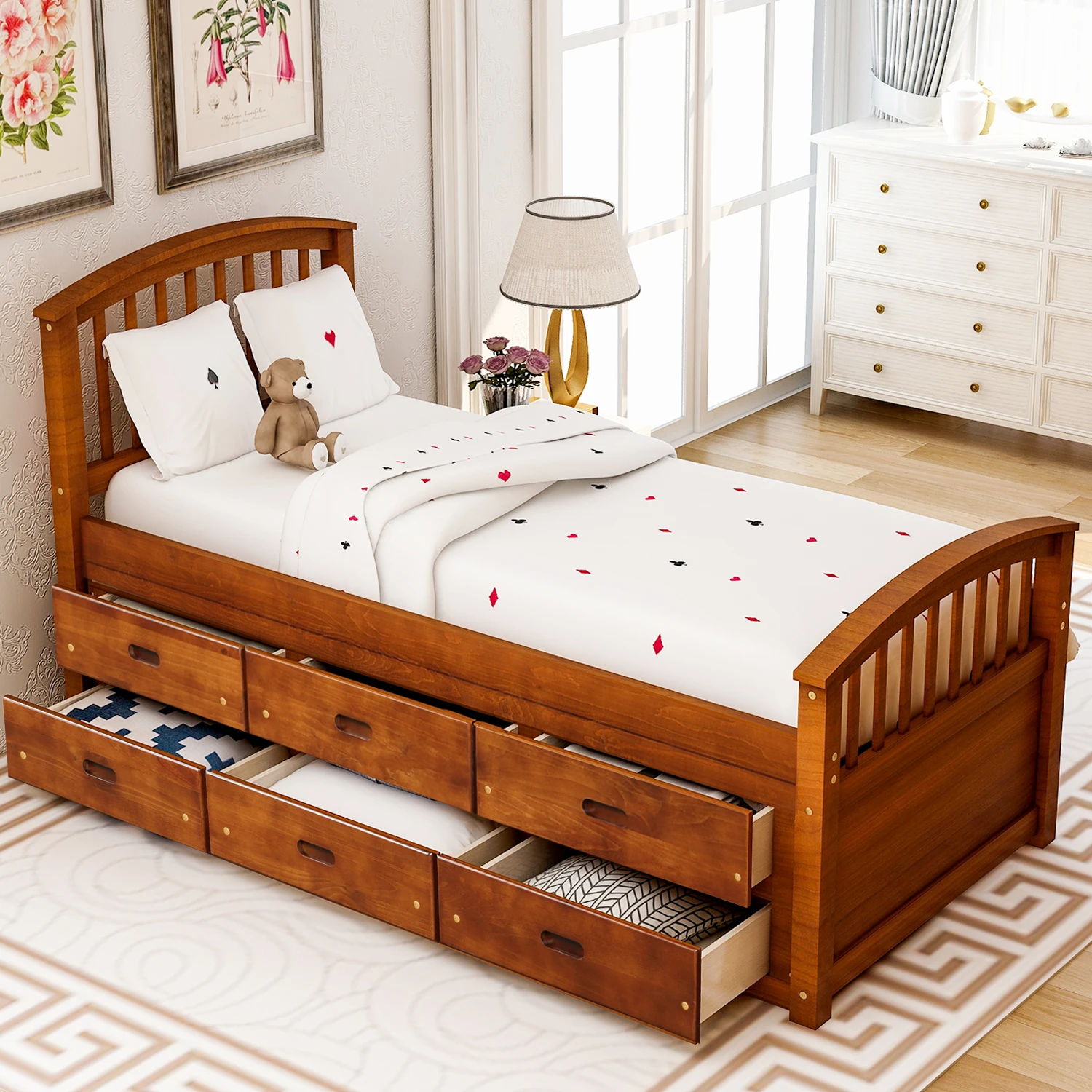 

Orisfur. Twin Size Platform Storage Bed Solid Wood Bed with 6 Drawers