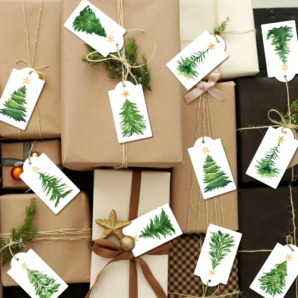 60 Stück Karten Weihnachten Aquarell Kiefer Geschenkanhänger Festliche Hängeetiketten Verpackungsbox Dekoration Geschenkanhänger mit 30 m Hanfseil – Detail 1