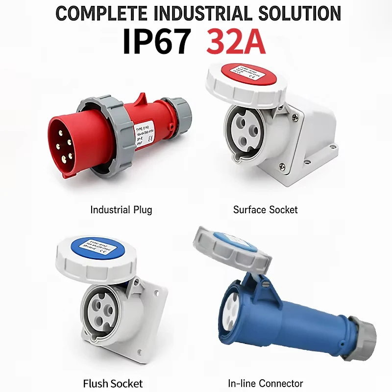 Heavy Duty IP67 32A Industrial Connector 3 4 5 Pin - Male Female Plug Socket Pair 220V 380V Surface Mount Flush Install