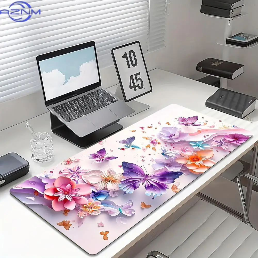Watercolor Floral Butterfly Large Desk Mat Gaming Mouse Pad Non Slip Rubber Stitched Edge Keyboard Mat For Office Desktop Decor
